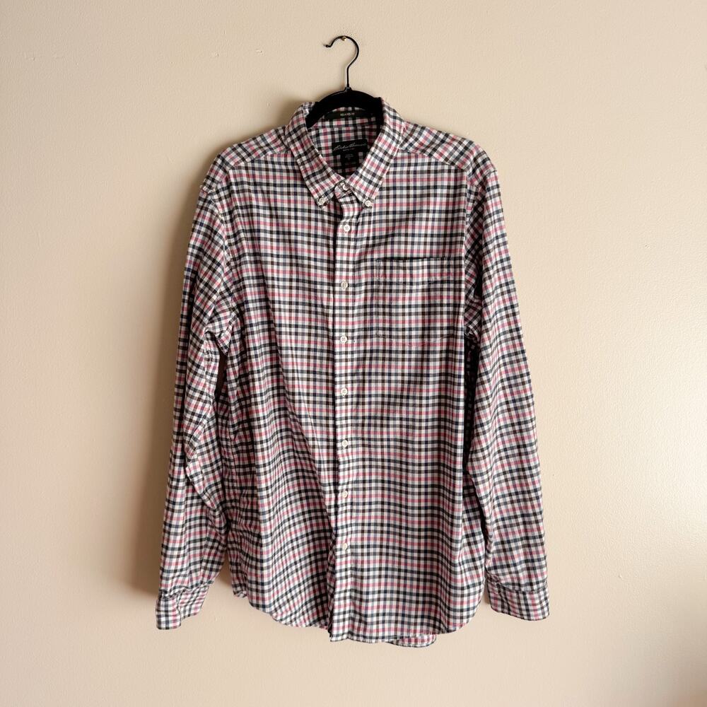 Eddie Bauer Blue + Pink + Brown Plaid Cotton Relaxed Fit Button Down XL Tall
